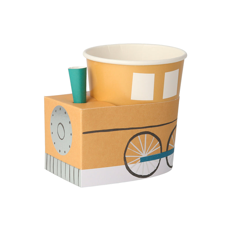 Yellow train shaped paper cup for train birthday from Parte Haus party supply store in Bethesda Maryland