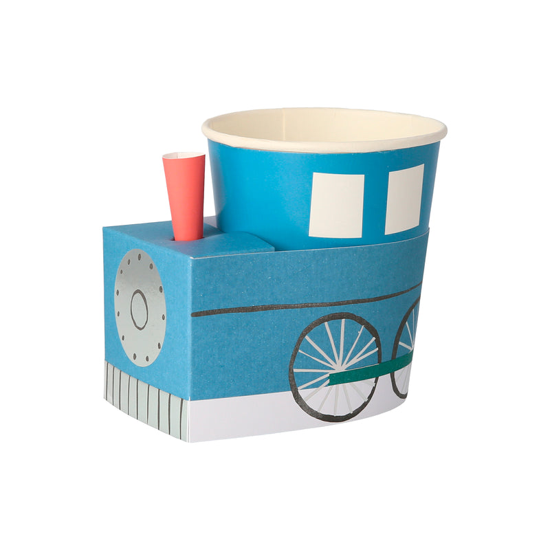 Blue train themed paper cup with locomotive design for kids birthday from Parte Haus party supply store in Bethesda Maryland