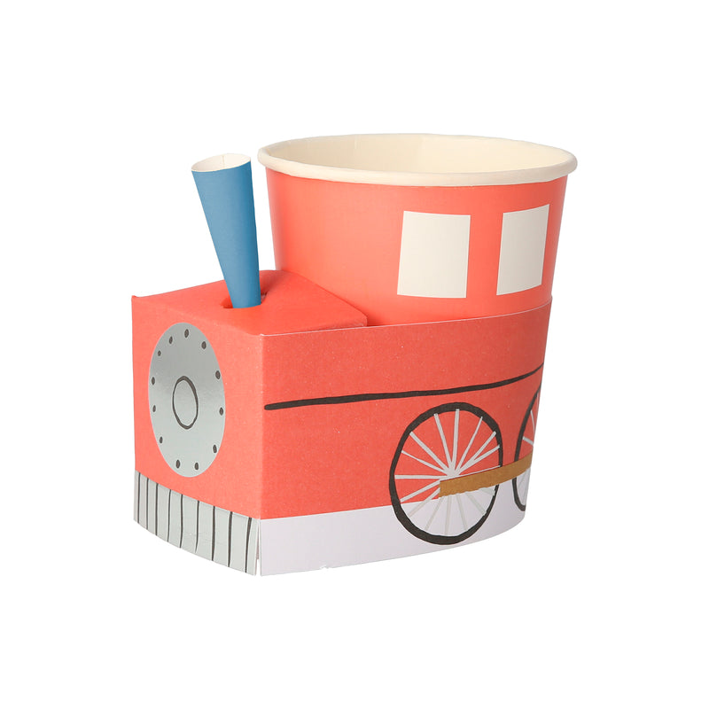 Red train shaped paper cup with blue straw for kids birthday from Parte Haus party supply store in Bethesda Maryland