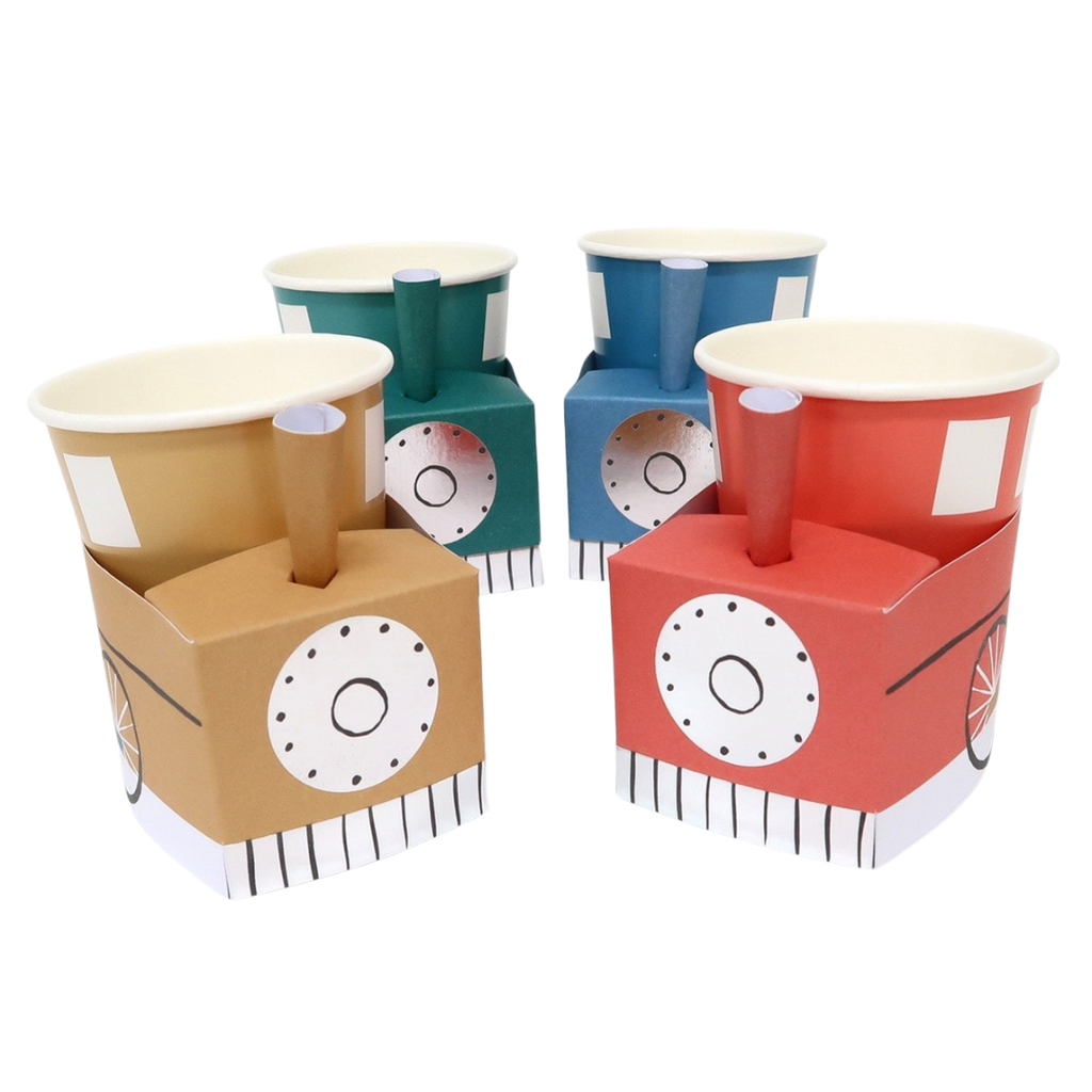 Red blue green and tan train shaped paper cups kids birthday party from Parte Haus party supply store in Bethesda MD