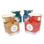 Red blue green and tan train shaped paper cups kids birthday party from Parte Haus party supply store in Bethesda MD