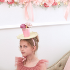 Pink teacup flower hat headband whimsical tea party costume from Parte Haus party supply store in Bethesda MD