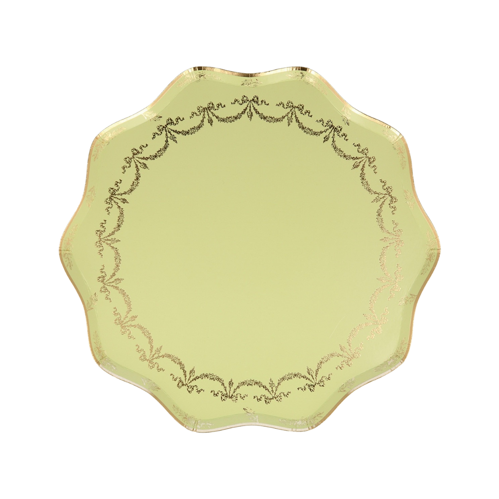 Pastel yellow scalloped plate with gold foil edge for birthday from Parte Haus party supply store in Bethesda MD