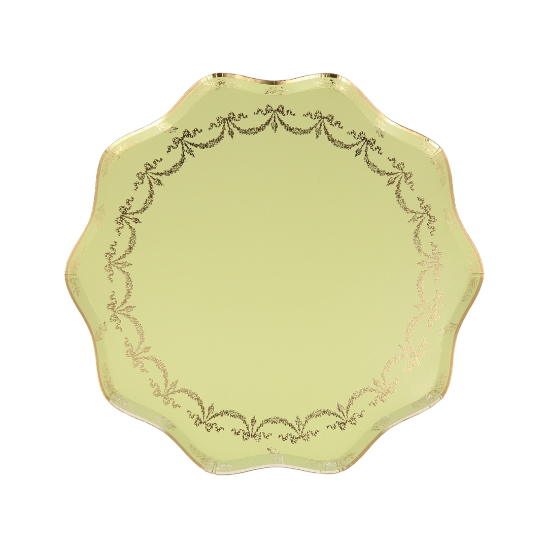 Pastel yellow scalloped plate with gold foil edge for birthday from Parte Haus party supply store in Bethesda MD