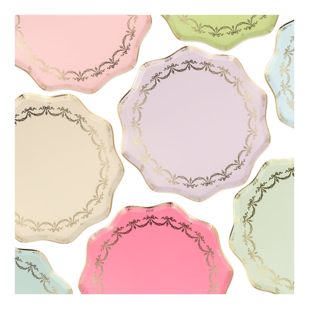 Pastel colors scalloped edge paper plates with gold trim elegant celebration from Parte Haus party supply store in Bethesda MD