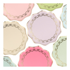 Pastel colors scalloped edge paper plates with gold trim elegant celebration from Parte Haus party supply store in Bethesda MD