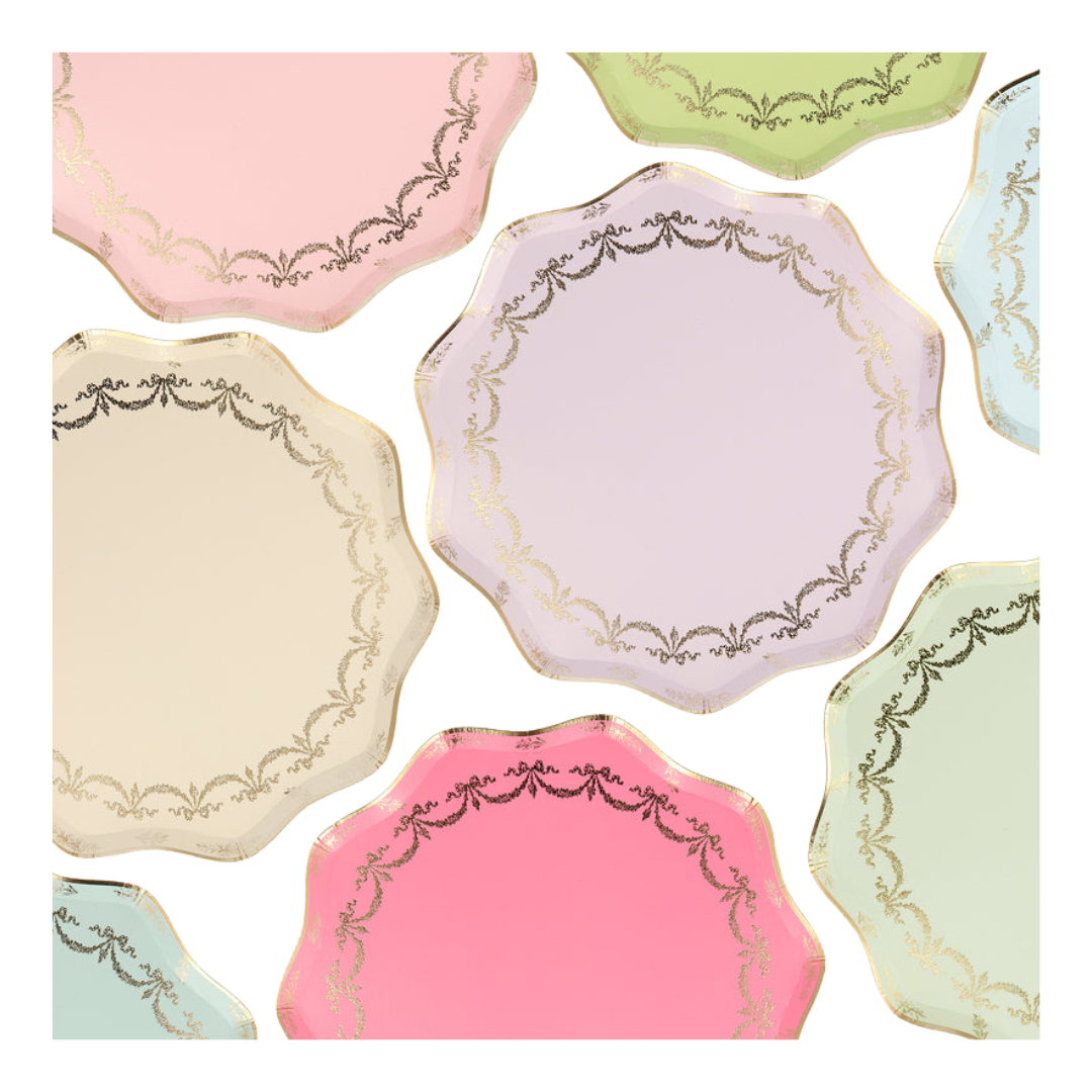 Pastel colors scalloped edge paper plates with gold trim elegant celebration from Parte Haus party supply store in Bethesda MD