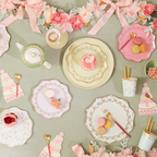 Pastel tea party tableware plates with gold trim and macarons spring celebration from Parte Haus party supply store in Bethesda MD