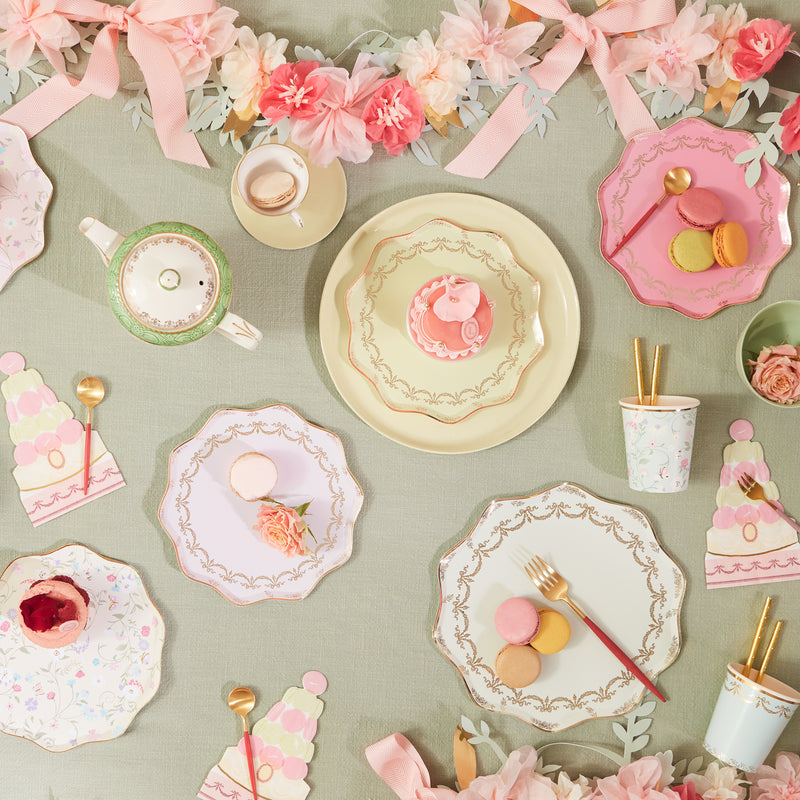 Pastel tea party tableware plates with gold trim and macarons spring celebration from Parte Haus party supply store in Bethesda MD