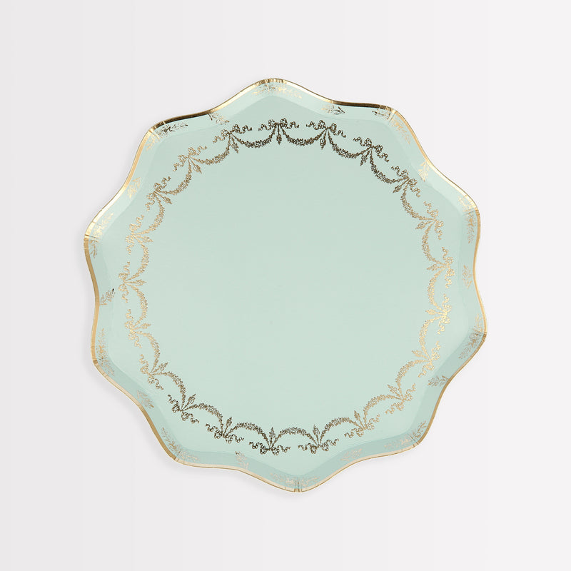 Mint green scalloped plate with gold trim for birthday celebration from Parte Haus party supply store in Bethesda Maryland
