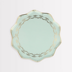 Mint green scalloped plate with gold trim for birthday celebration from Parte Haus party supply store in Bethesda Maryland