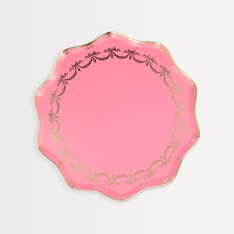 Pink scalloped plate with gold trim for birthday from Parte Haus party supply store in Bethesda MD
