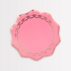 Pink scalloped plate with gold trim for birthday from Parte Haus party supply store in Bethesda MD