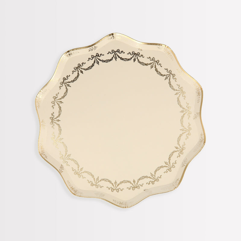Gold scalloped paper plate with elegant trim for birthday or celebration from Parte Haus party supply store in Bethesda MD