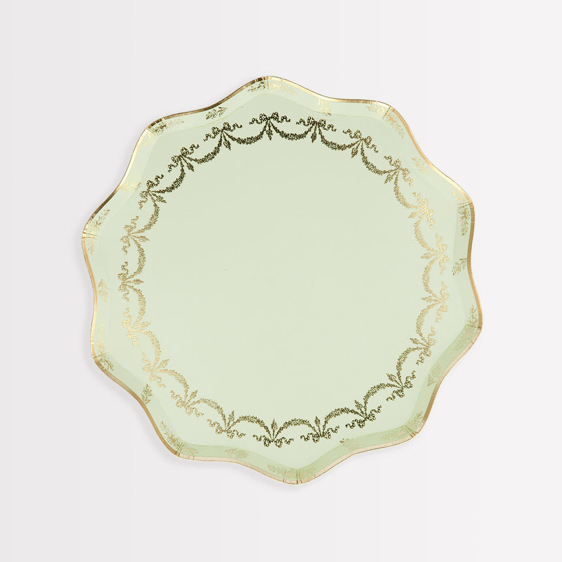 Mint green scalloped plate with gold trim elegant tableware for birthdays from Parte Haus party supply store in Bethesda, Maryland