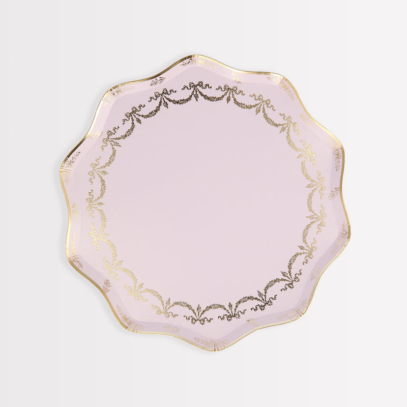 Pink scalloped plate with gold trim elegant design birthday from Parte Haus party supply store in Bethesda MD