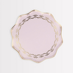 Pink scalloped plate with gold trim elegant design birthday from Parte Haus party supply store in Bethesda MD