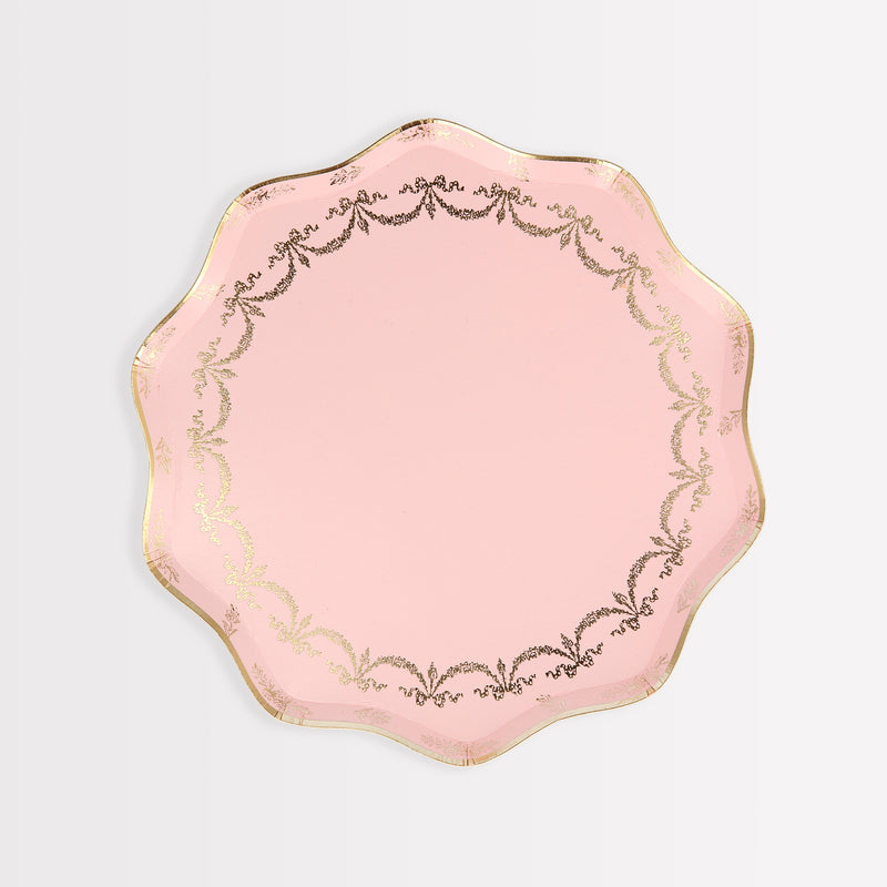 Pink scalloped plate with gold trim elegant tableware for birthday from Parte Haus party supply store in Bethesda Maryland