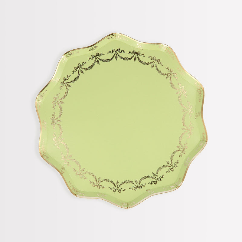 Green scalloped plate with gold trim elegant decor from Parte Haus party supply store in Bethesda MD