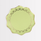 Green scalloped plate with gold trim elegant decor from Parte Haus party supply store in Bethesda MD