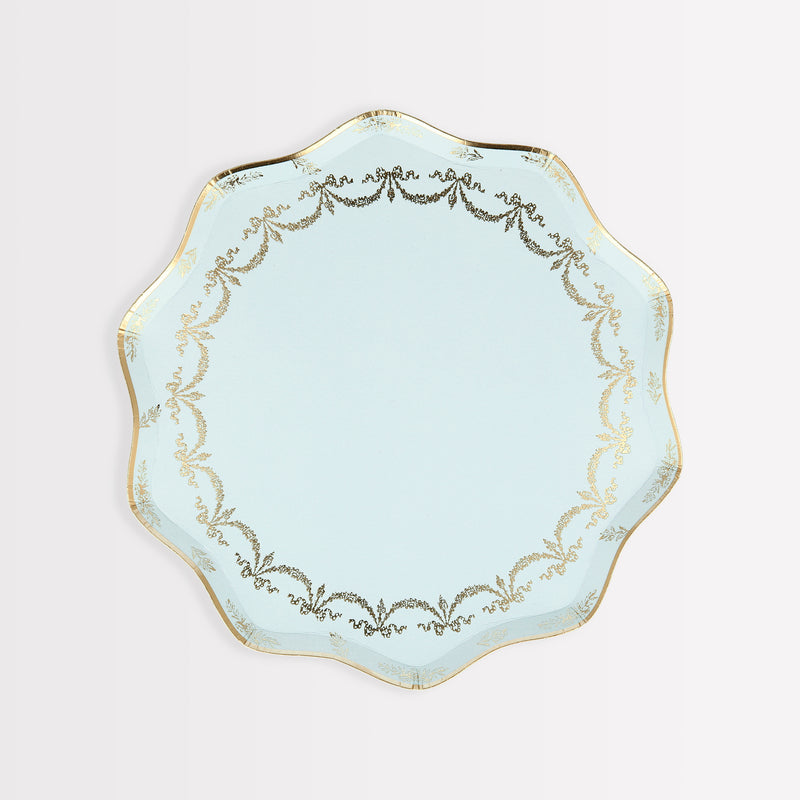 Light blue scalloped plate with gold trim for elegant celebrations from Parte Haus party supply store in Bethesda MD
