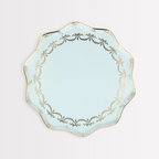 Light blue scalloped plate with gold trim for elegant celebrations from Parte Haus party supply store in Bethesda MD