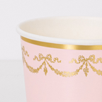 Pink and gold paper cup with bow garland detail for birthday from Parte Haus party supply store in Bethesda MD.