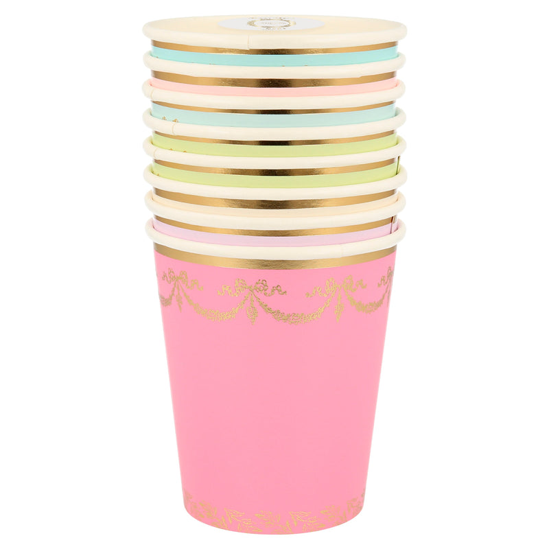 Pink and pastel gold paper cups with elegant garland detail birthday theme from Parte Haus party supply store in Bethesda MD
