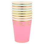Pink and pastel gold paper cups with elegant garland detail birthday theme from Parte Haus party supply store in Bethesda MD