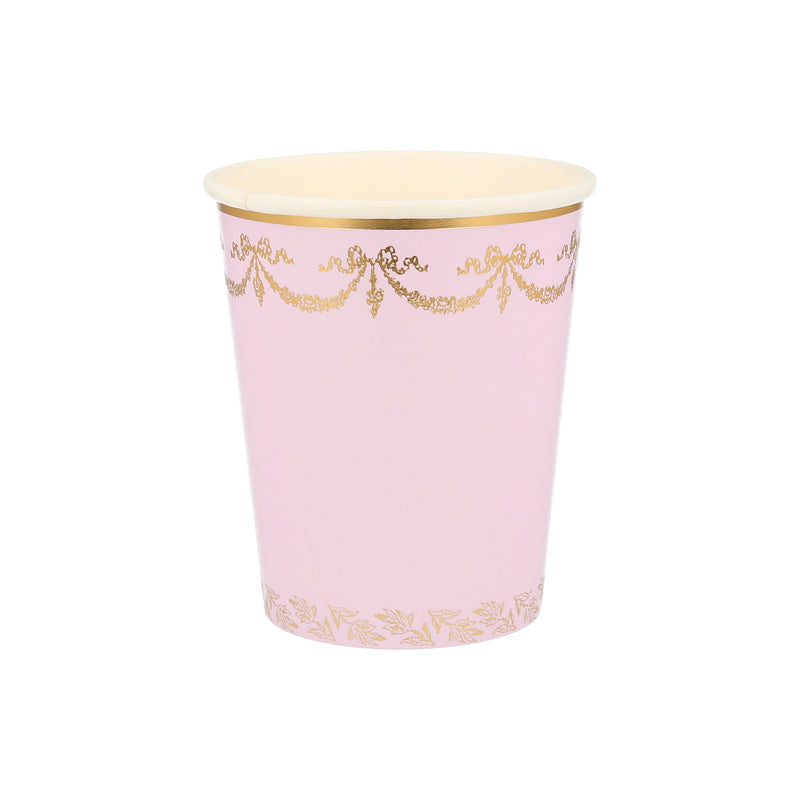 Pink and gold paper cup with elegant scroll design for birthday or celebration from Parte Haus party supply store in Bethesda MD