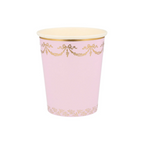 Pink and gold paper cup with elegant scroll design for birthday or celebration from Parte Haus party supply store in Bethesda MD
