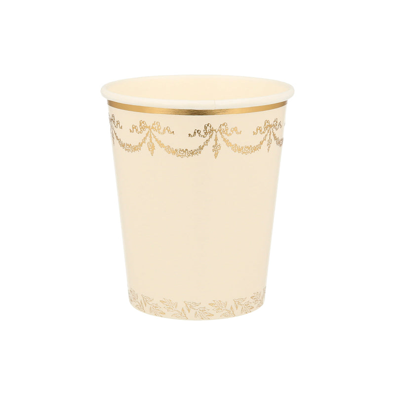 Ivory paper cup with gold garland trim elegant event decor from Parte Haus party supply store in Bethesda MD