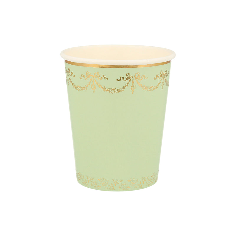 Mint green paper cup with gold decorative trim elegant event theme from Parte Haus party supply store in Bethesda MD
