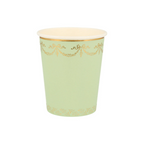 Mint green paper cup with gold decorative trim elegant event theme from Parte Haus party supply store in Bethesda MD