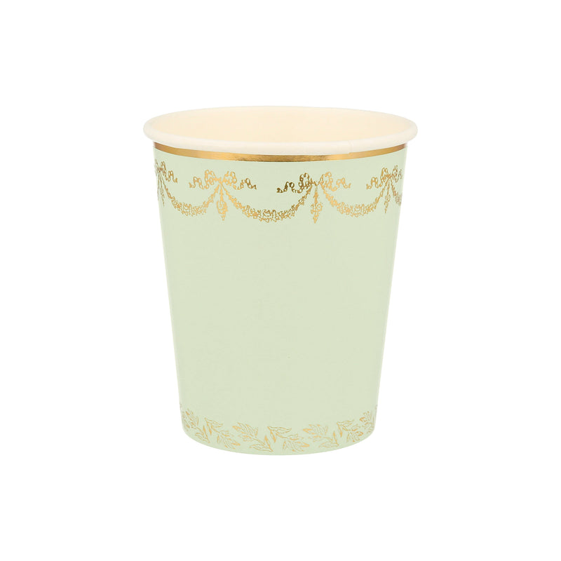 mint green paper cup with gold garland design for elegant celebration from Parte Haus party supply store in Bethesda MD