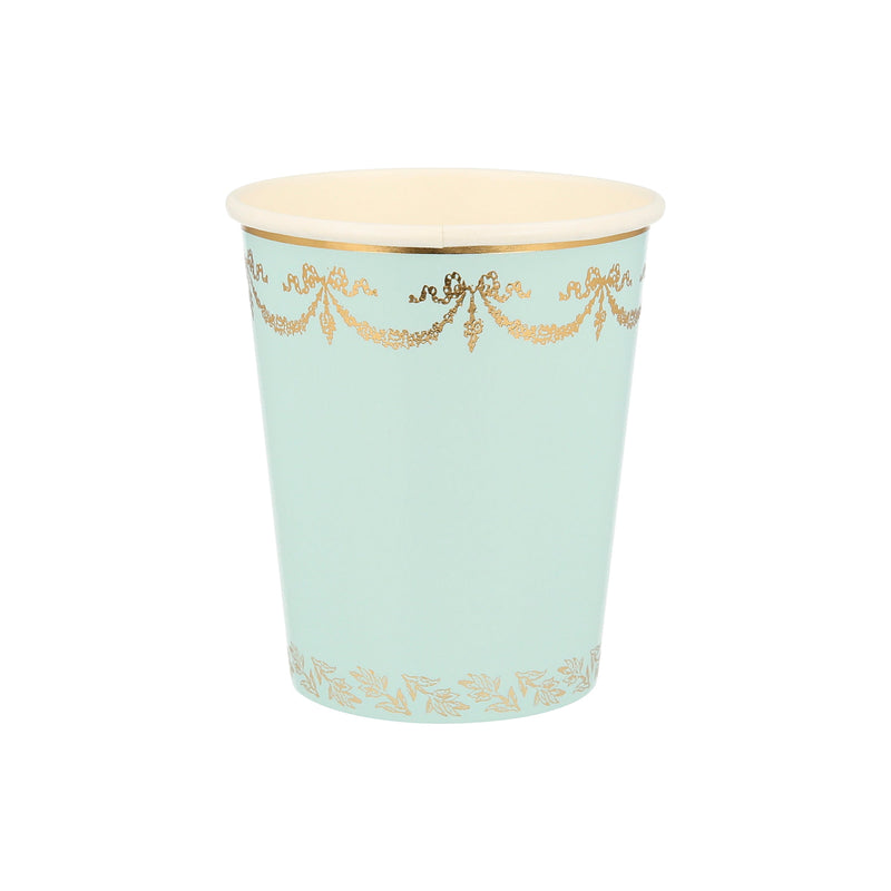 Mint gold paper cup with elegant decorative trim birthday party from Parte Haus party supply store in Bethesda MD