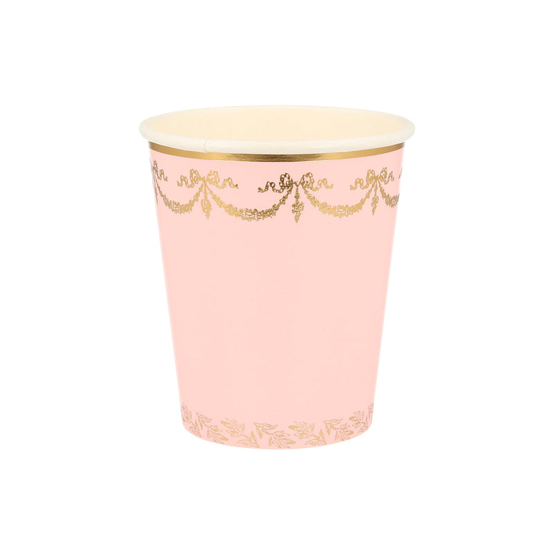 Pink and gold paper cup with ornate garland design birthday from Parte Haus party supply store in Bethesda MD