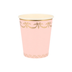 Pink and gold paper cup with ornate garland design birthday from Parte Haus party supply store in Bethesda MD
