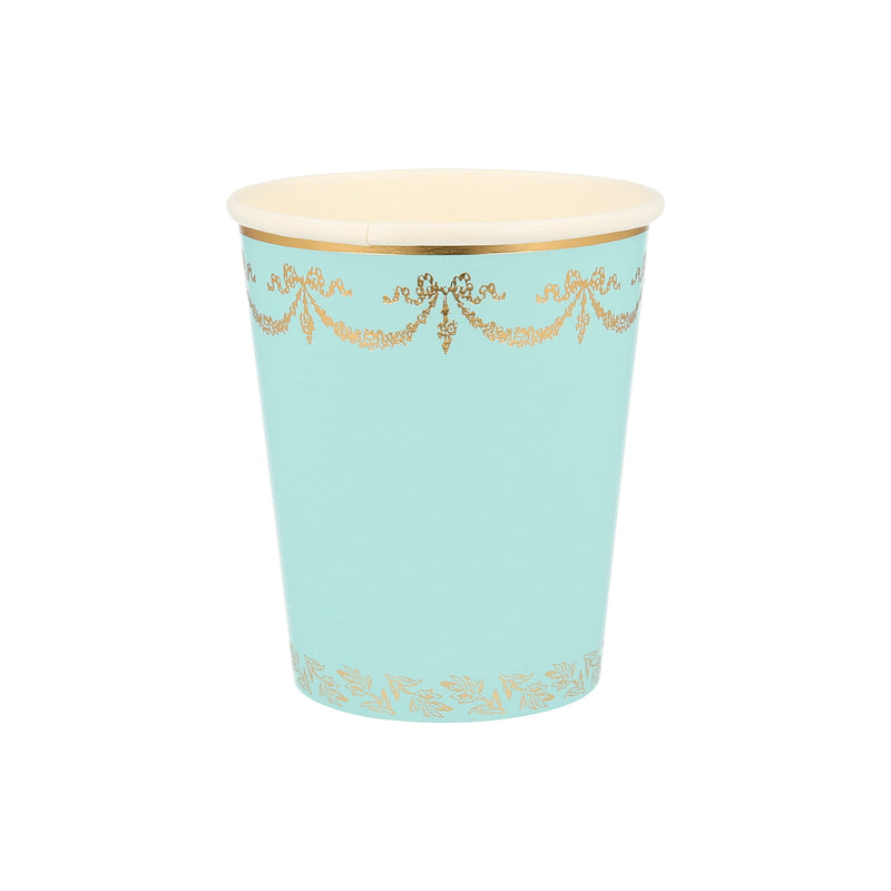 Blue and gold paper cup with elegant garland design birthday theme from Parte Haus party supply store in Bethesda MD