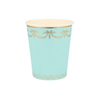 Blue and gold paper cup with elegant garland design birthday theme from Parte Haus party supply store in Bethesda MD