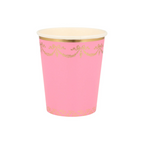 Pink paper cup with gold trim and bow design birthday theme from Parte Haus party supply store in Bethesda MD.
