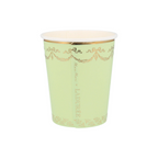 Light green paper cup with gold foil trim elegant design for tea party theme from Parte Haus party supply store in Bethesda MD