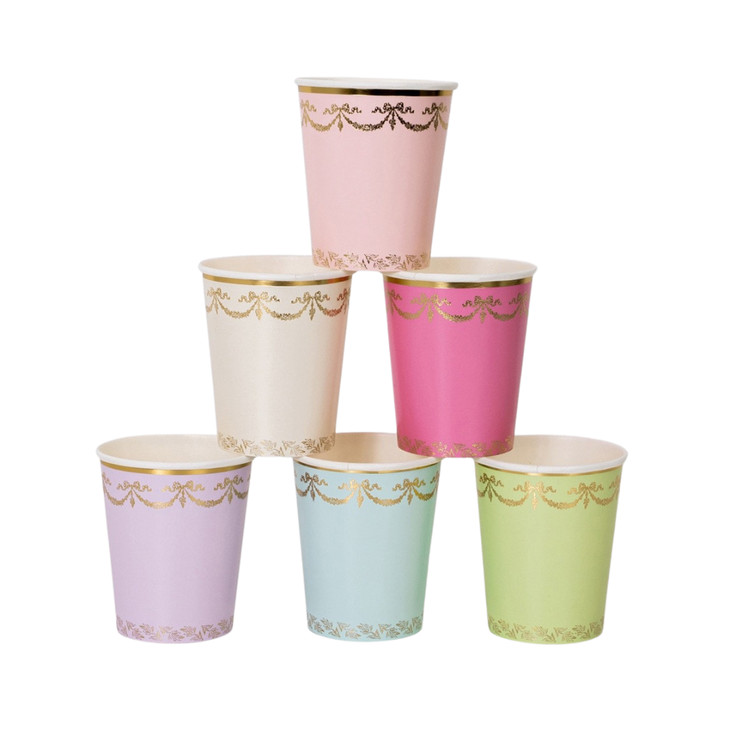 Pastel and gold paper cups with elegant trim for birthday from Parte Haus party supply store in Bethesda Maryland
