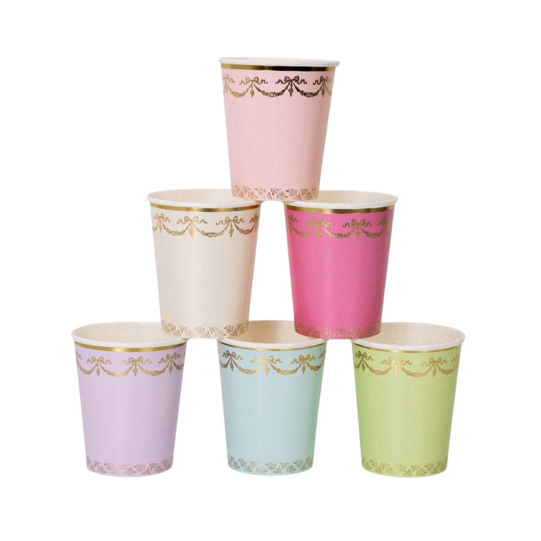 Pastel and gold paper cups with elegant trim for birthday from Parte Haus party supply store in Bethesda Maryland