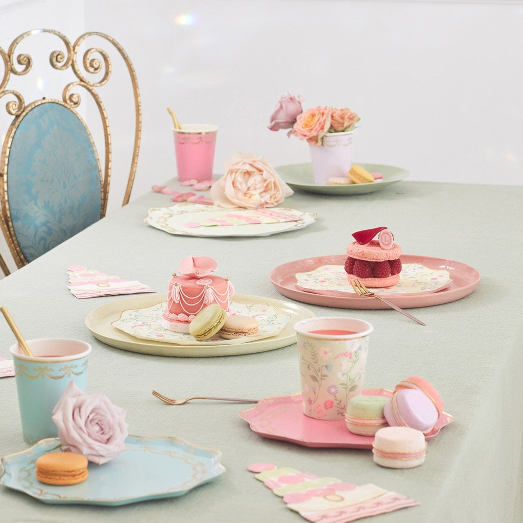 Pastel pink and blue tea set with macarons and floral plates tea party theme from Parte Haus party supply store in Bethesda MD