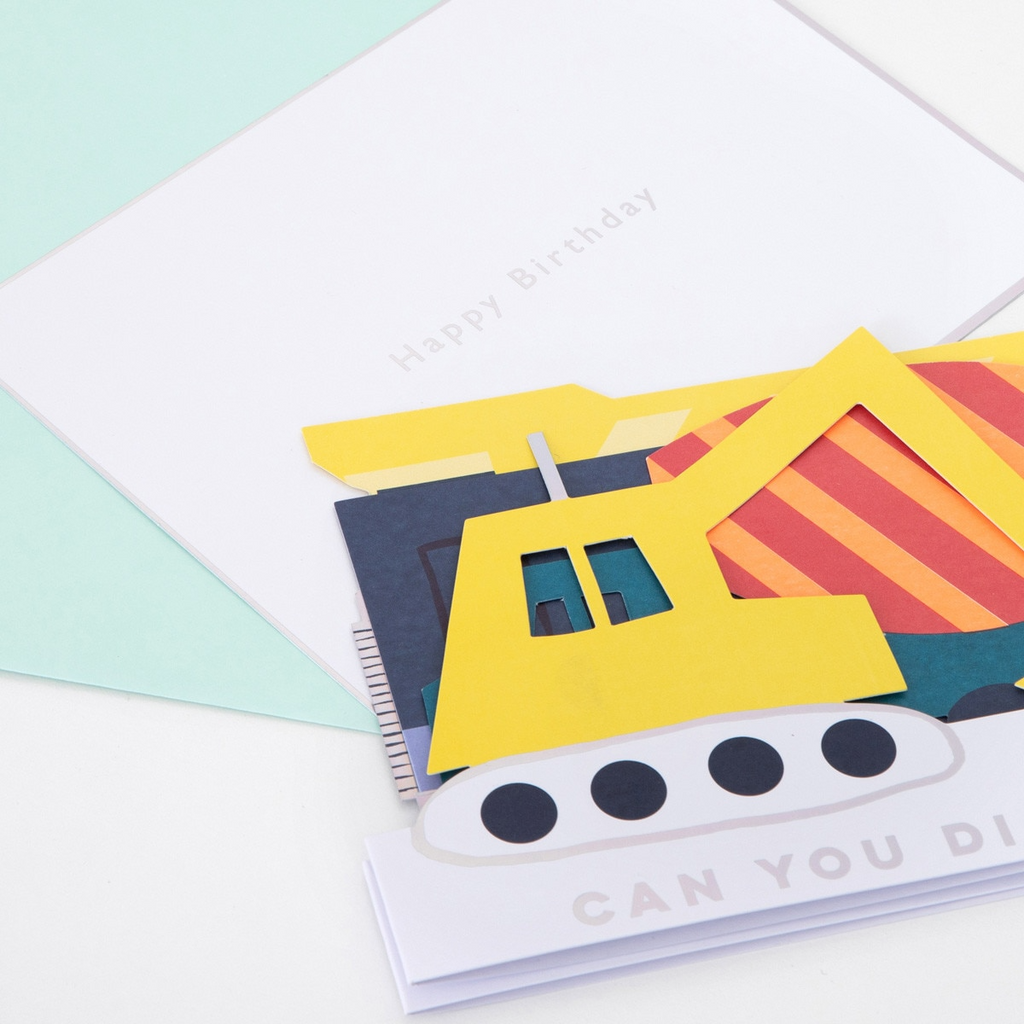 Yellow construction truck pop up birthday card for kids from Parte Haus party supply store in Bethesda Maryland
