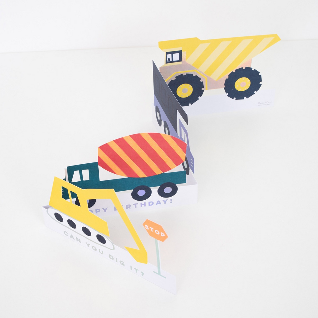 Yellow and orange construction vehicle birthday card for kids from Parte Haus party supply store in Bethesda MD