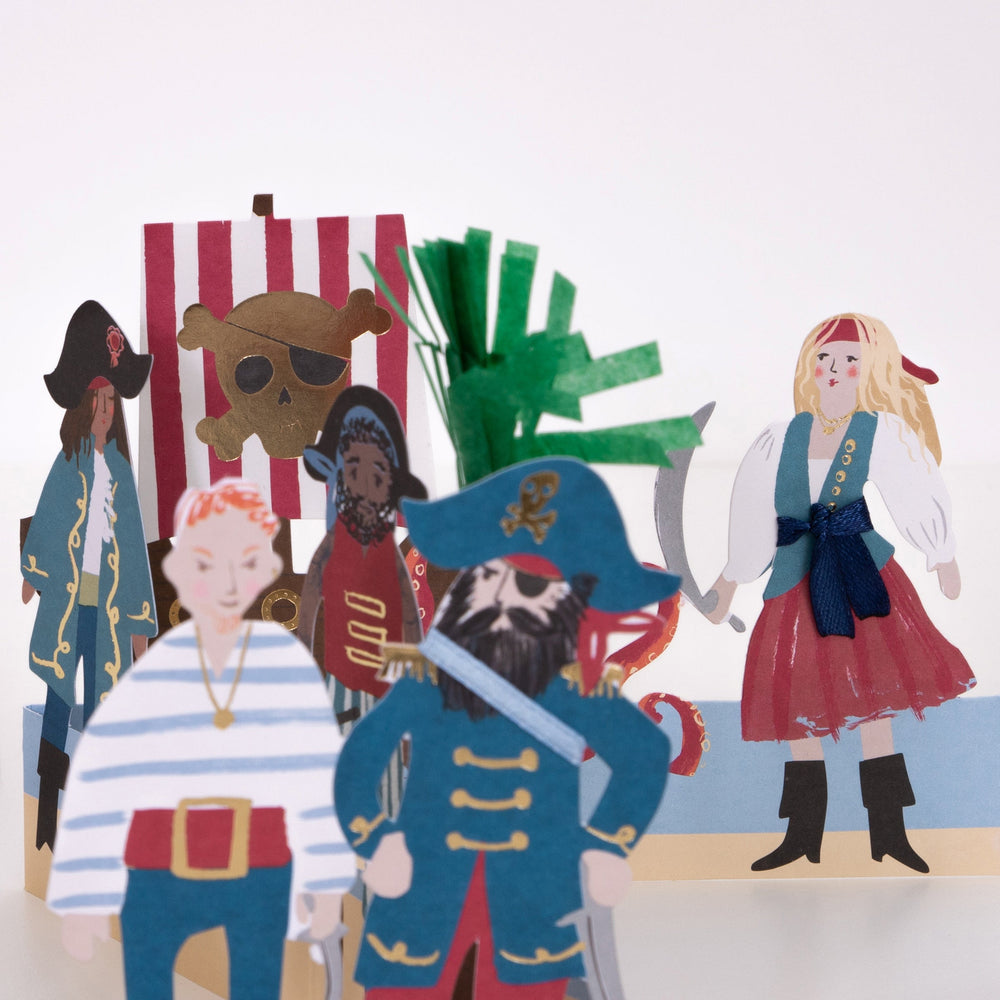 Multicolor pirate pop up card with pirate ship and characters for kids birthday from Parte Haus party supply store in Bethesda MD