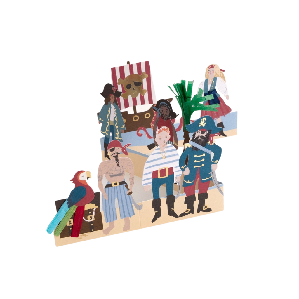 Colorful pirate and parrot cardboard centerpiece with treasure chest for pirate theme from Parte Haus party supply store in Bethesda MD
