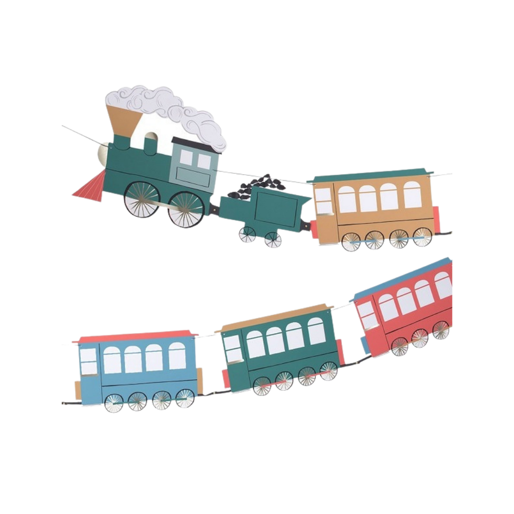 colorful train paper garland banner with steam locomotive birthday theme from Parte Haus party supply store in Bethesda MD